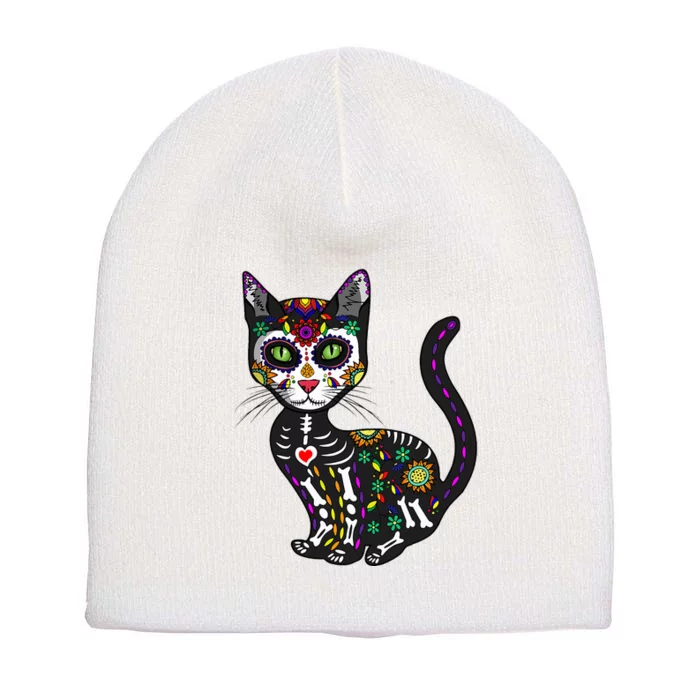 Cute Sugar Skull Mexican Cat Halloween Day Of The Dead Short Acrylic Beanie