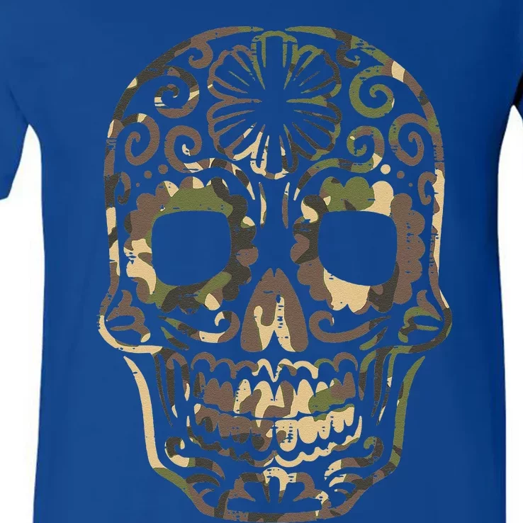 Camo Sugar Skull Calavera Dia De Muertos Mexican Halloween V-Neck T-Shirt