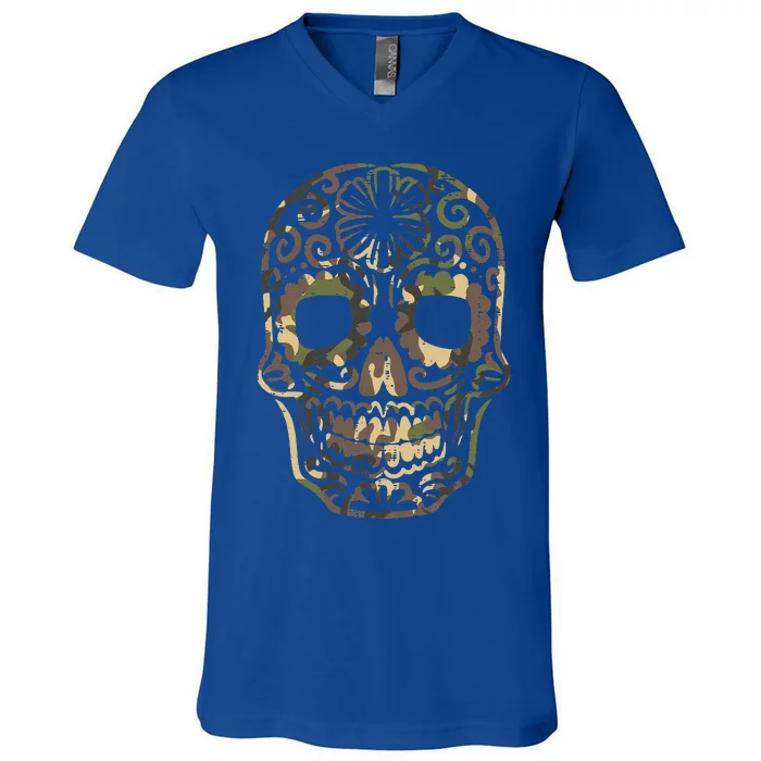 Camo Sugar Skull Calavera Dia De Muertos Mexican Halloween V-Neck T-Shirt