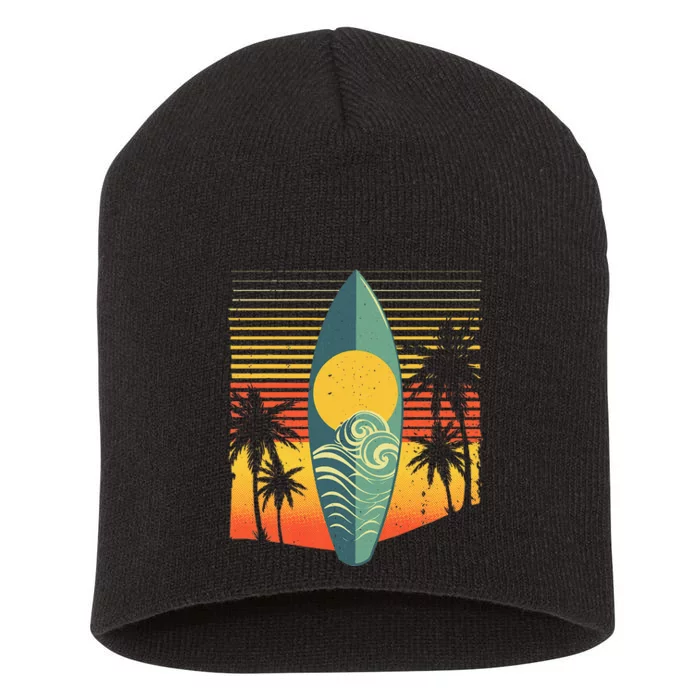 Cool Surfboard Surfer Retro Surf Sunset Beach Short Acrylic Beanie