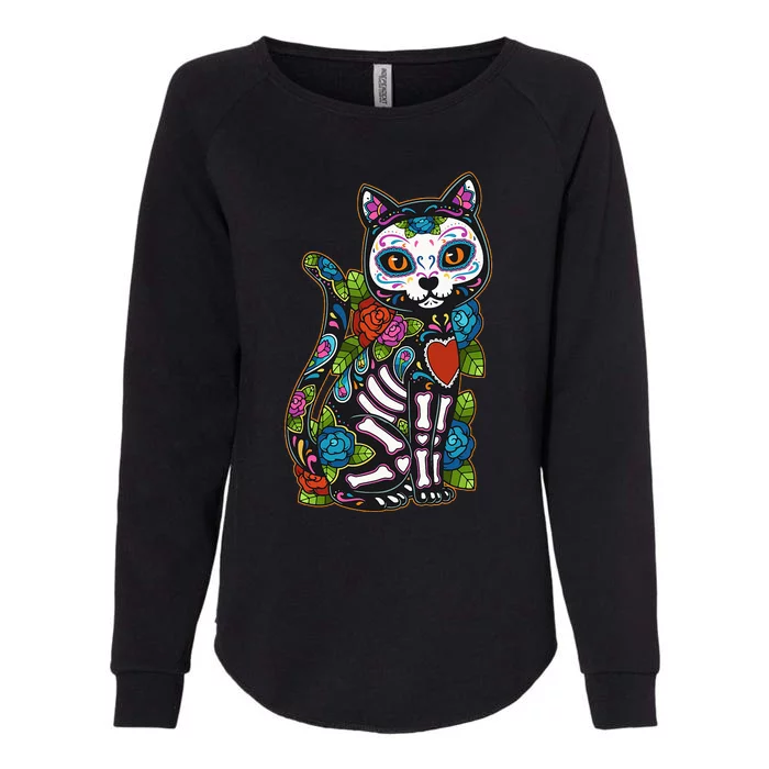 Cat Sugar Skull Mexico Calavera Dia De Los Muertos Halloween Womens California Wash Sweatshirt