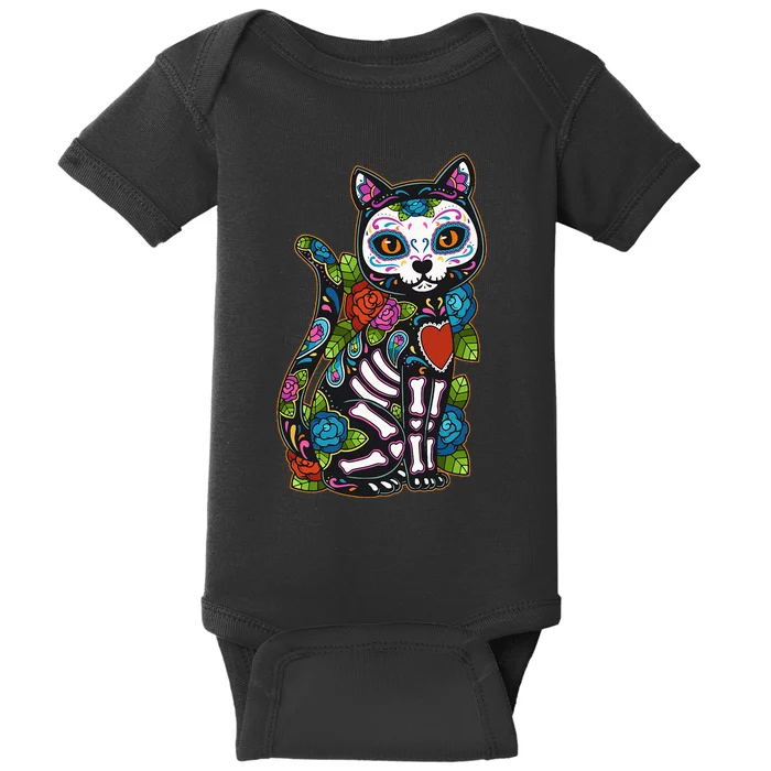 Cat Sugar Skull Mexico Calavera Dia De Los Muertos Halloween Baby Bodysuit