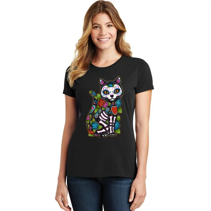 Cat Sugar Skull Mexico Calavera Dia De Los Muertos Halloween Women's T-Shirt