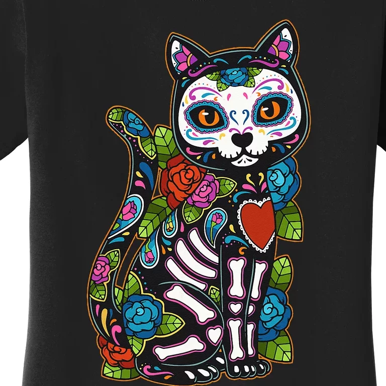 Cat Sugar Skull Mexico Calavera Dia De Los Muertos Halloween Women's T-Shirt