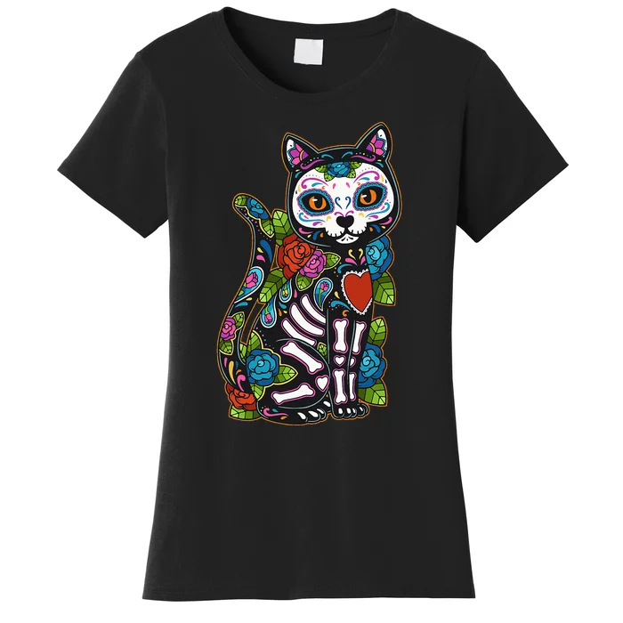 Cat Sugar Skull Mexico Calavera Dia De Los Muertos Halloween Women's T-Shirt