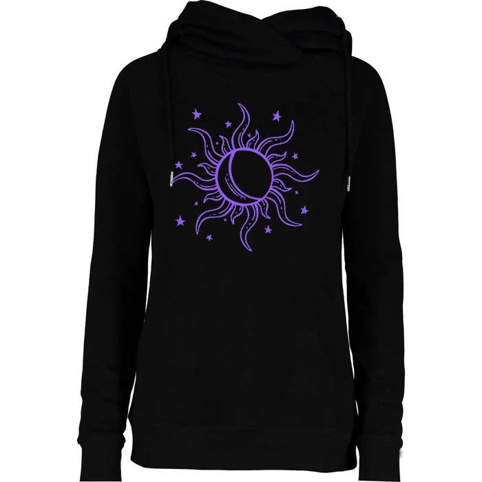 Celestial Sun Star Moon Design Womens Funnel Neck Pullover Hood