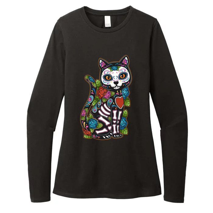 Cat Sugar Skull Mexico Calavera Dia De Los Muertos Halloween Womens CVC Long Sleeve Shirt