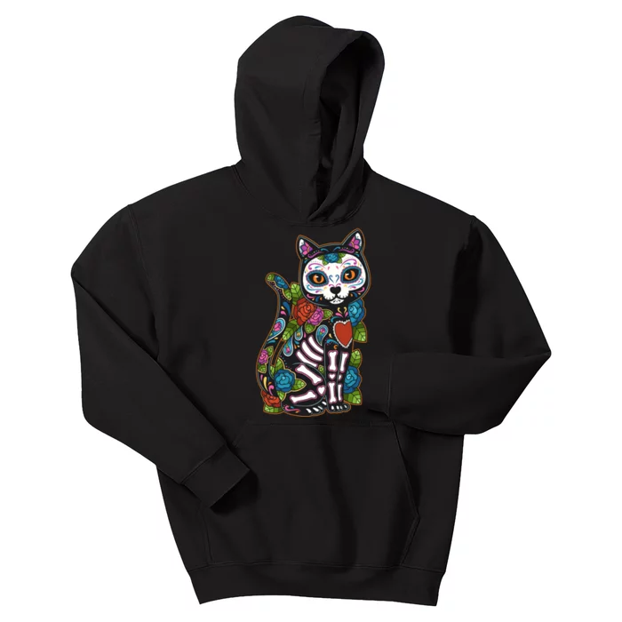 Cat Sugar Skull Mexico Calavera Dia De Los Muertos Halloween Kids Hoodie