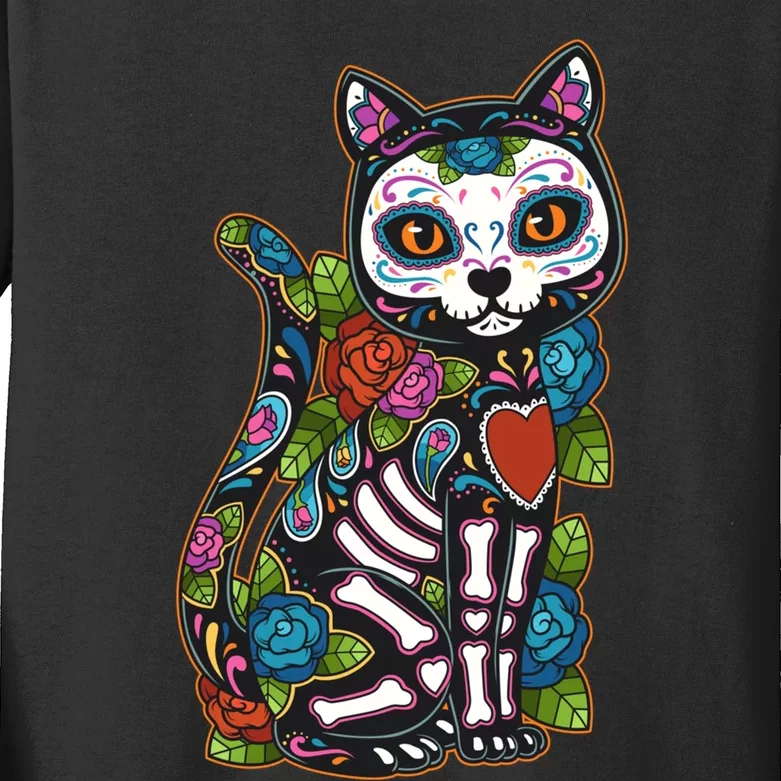 Cat Sugar Skull Mexico Calavera Dia De Los Muertos Halloween Kids Long Sleeve Shirt