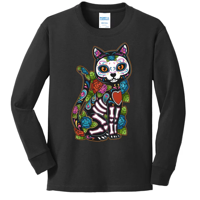 Cat Sugar Skull Mexico Calavera Dia De Los Muertos Halloween Kids Long Sleeve Shirt