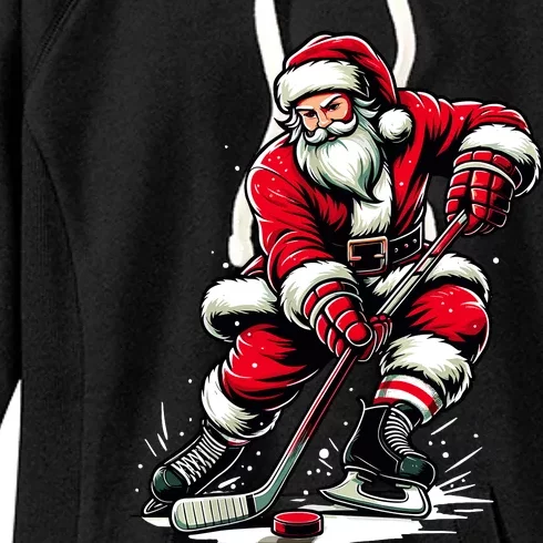 Christmas Sports Santa Plays Ice Hockey Xmas Women's Fleece Hoodie