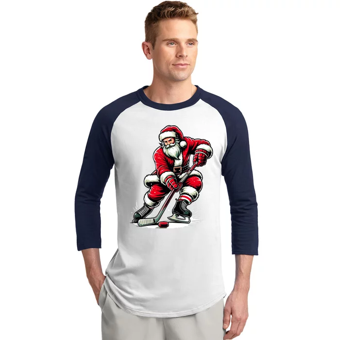 Christmas Sports Santa Plays Ice Hockey Xmas Baseball Sleeve Shirt