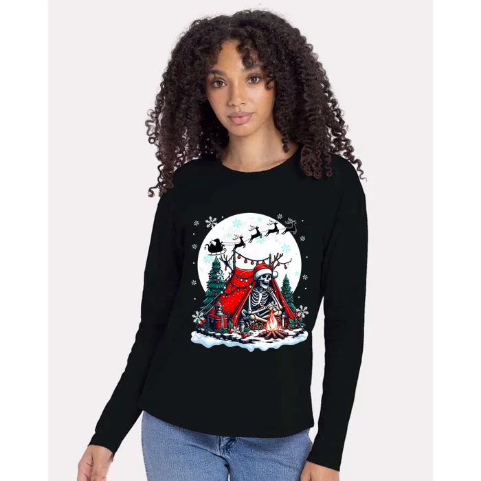 Christmas Santa Skeletons Costume Camping Lover Family Gift Womens Cotton Relaxed Long Sleeve T-Shirt