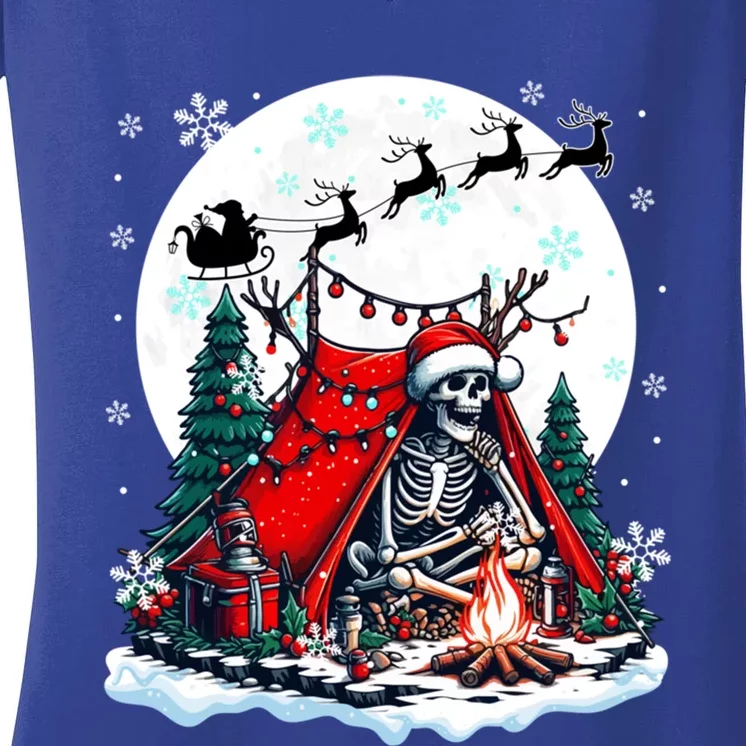 Christmas Santa Skeletons Costume Camping Lover Family Gift Women's V-Neck T-Shirt