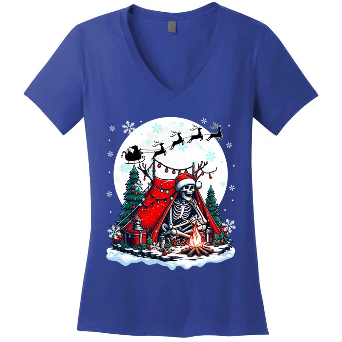 Christmas Santa Skeletons Costume Camping Lover Family Gift Women's V-Neck T-Shirt