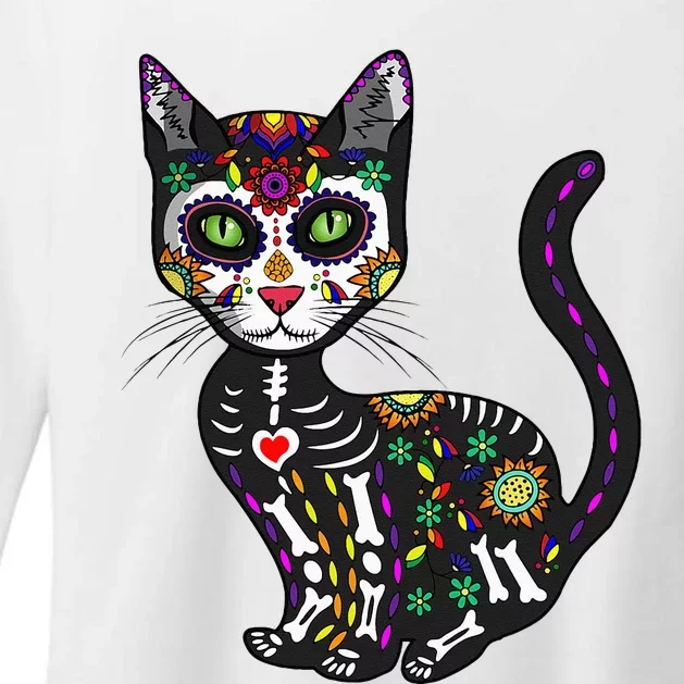 Cute Sugar Skull Mexican Cat Halloween Day Of The Dead Womens CVC Long Sleeve Shirt