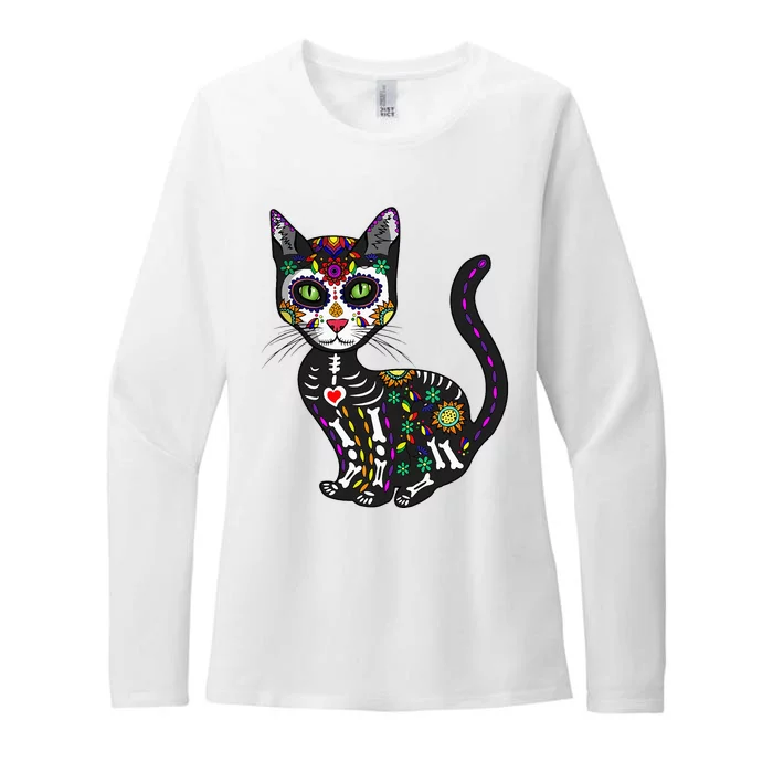 Cute Sugar Skull Mexican Cat Halloween Day Of The Dead Womens CVC Long Sleeve Shirt