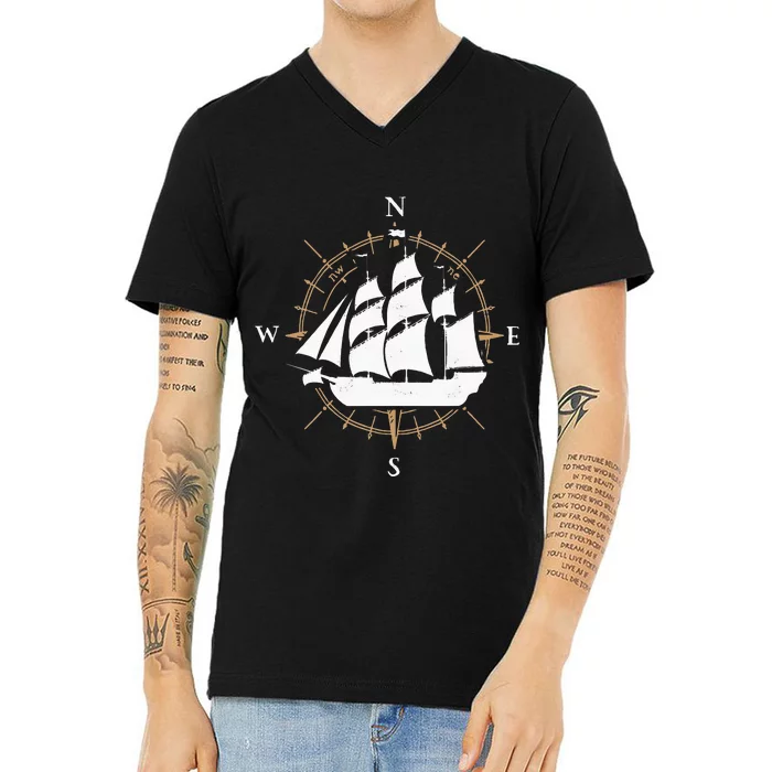 Compass Sailing Ship Boat Sailor Nautic V-Neck T-Shirt