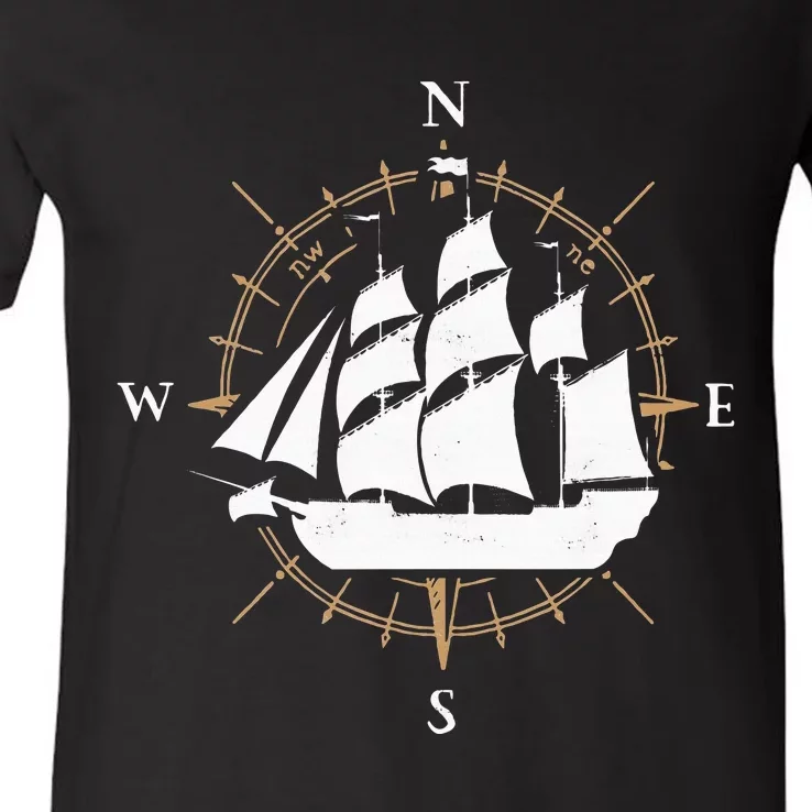 Compass Sailing Ship Boat Sailor Nautic V-Neck T-Shirt