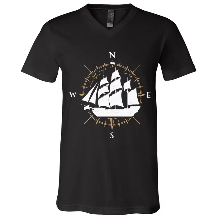 Compass Sailing Ship Boat Sailor Nautic V-Neck T-Shirt