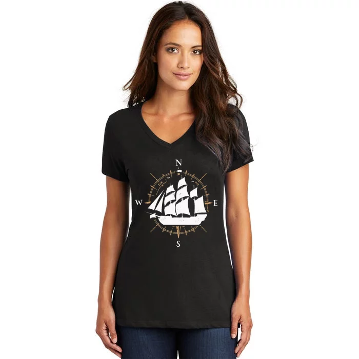 Compass Sailing Ship Boat Sailor Nautic Women's V-Neck T-Shirt