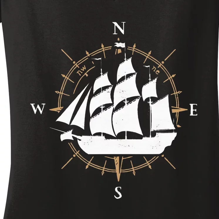 Compass Sailing Ship Boat Sailor Nautic Women's V-Neck T-Shirt