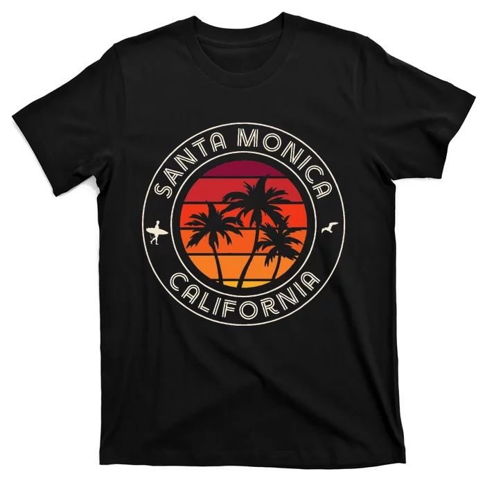 California Sunset Surfer And Seagull Santa Monica Beach T-Shirt