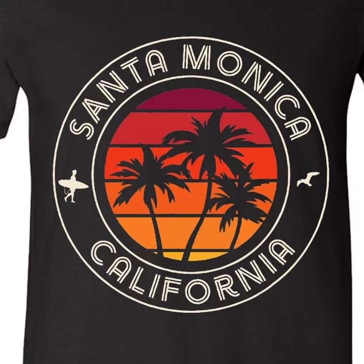 California Sunset Surfer And Seagull Santa Monica Beach V-Neck T-Shirt