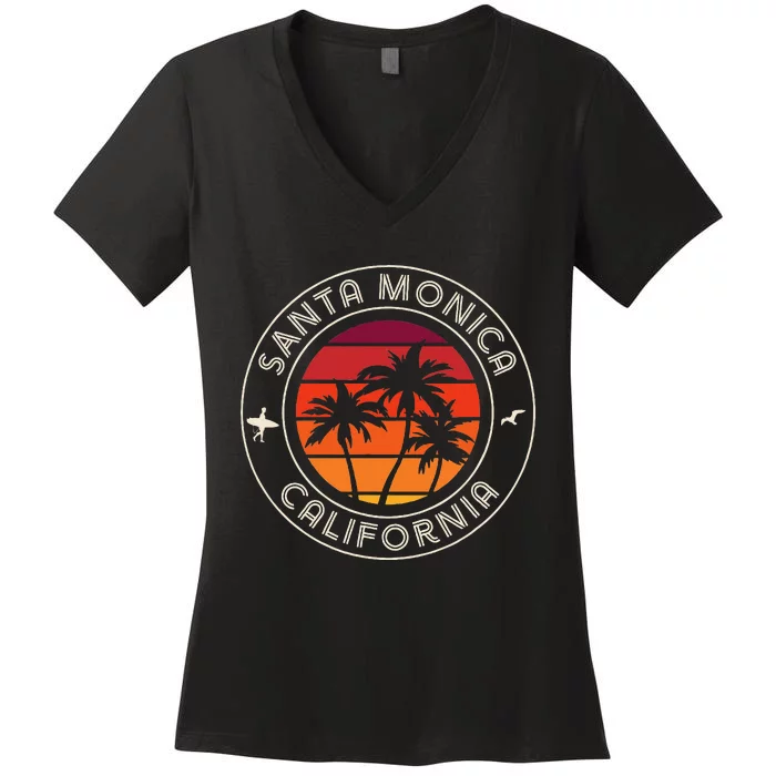 California Sunset Surfer And Seagull Santa Monica Beach Women's V-Neck T-Shirt