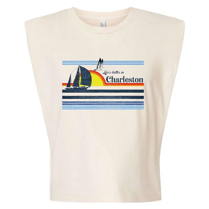 Charleston Sc South Carolina Gift Beach Retro Vintage Sunset Garment-Dyed Women's Muscle Tee