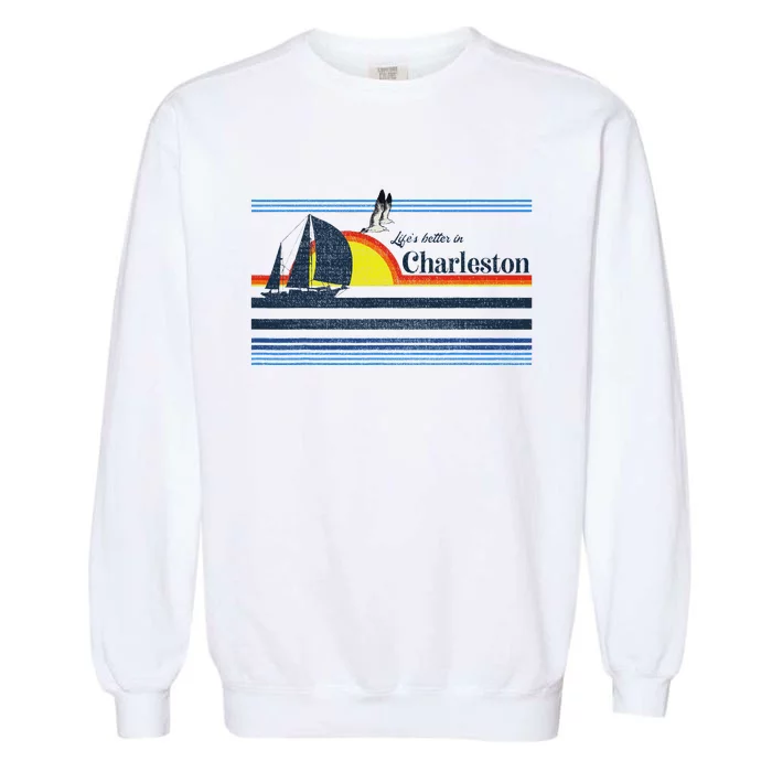 Charleston Sc South Carolina Gift Beach Retro Vintage Sunset Garment-Dyed Sweatshirt