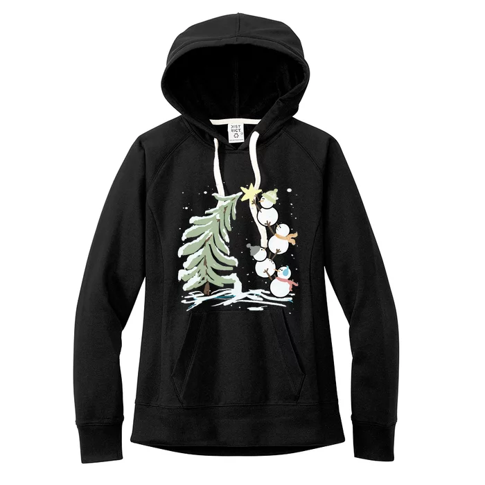 Cute Snowman Stacking Star On The Christmas Tree Women's Fleece Hoodie