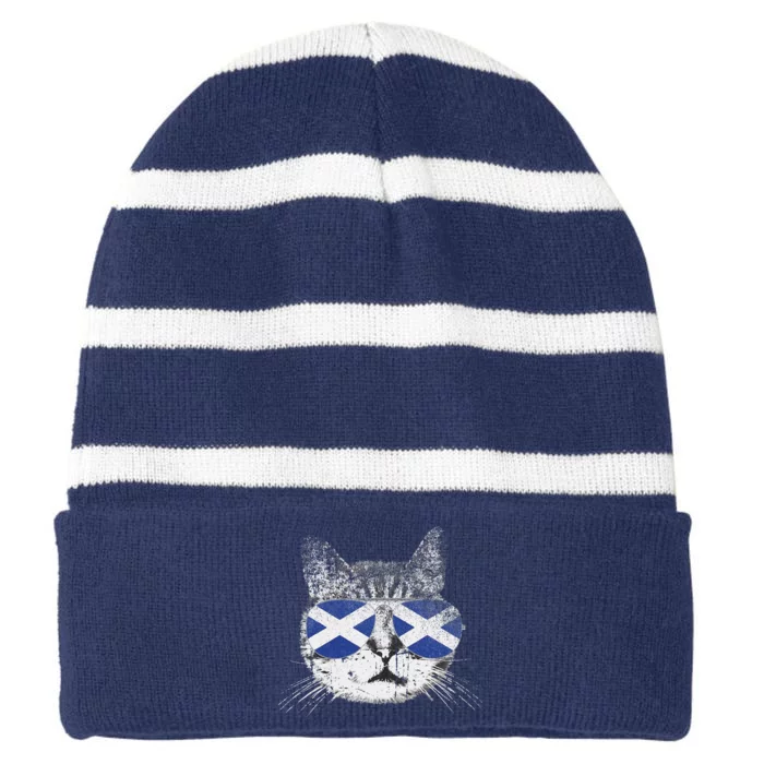 Cat Scottish Scotland Flag Country Retro Funny Striped Beanie with Solid Band