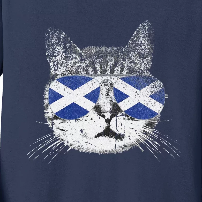 Cat Scottish Scotland Flag Country Retro Funny Kids Long Sleeve Shirt