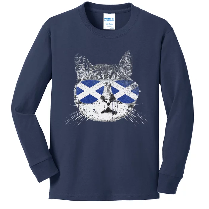 Cat Scottish Scotland Flag Country Retro Funny Kids Long Sleeve Shirt