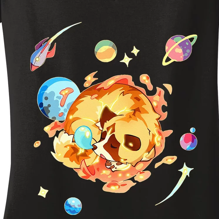 Cute Sleepy Space Akita Dog Graphic Women's V-Neck T-Shirt