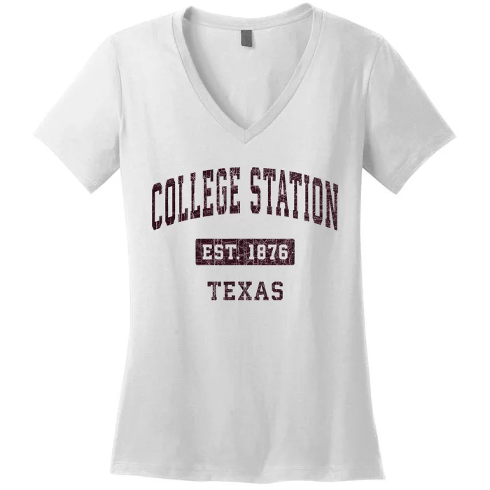 College Station Texas Tx Vintage Athletic Red Sports Design Women's V-Neck T-Shirt