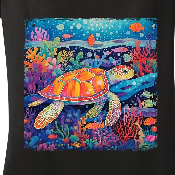 Colorful Sea Turtle Hawaiian Art With Corals Tropical Fish Women's V-Neck T-Shirt