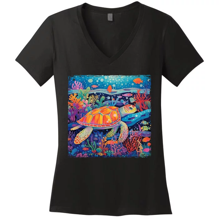 Colorful Sea Turtle Hawaiian Art With Corals Tropical Fish Women's V-Neck T-Shirt