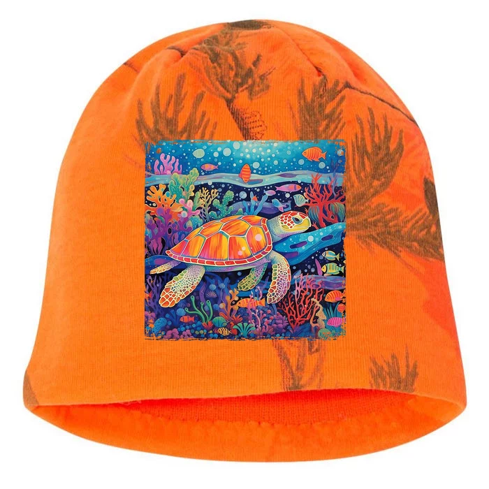 Colorful Sea Turtle Hawaiian Art With Corals Tropical Fish Kati - Camo Knit Beanie