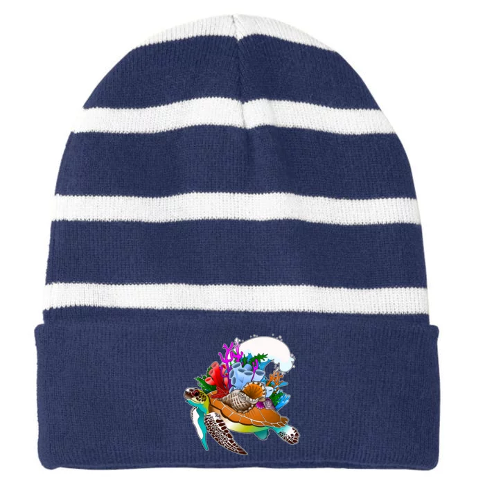 Cool Sea Turtle Ocean Life Striped Beanie with Solid Band