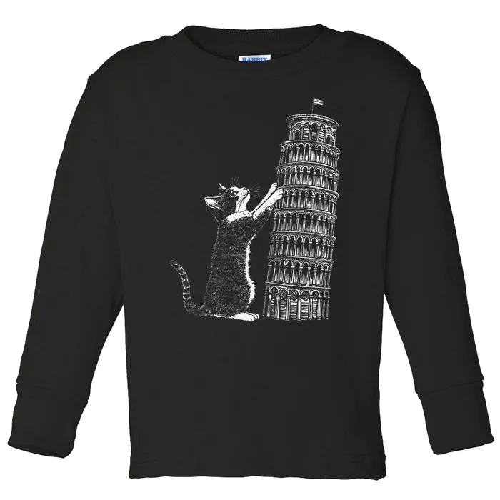 Cat Scratching The Leaning Tower Of Pisa – Italy Funny Cat Toddler Long Sleeve Shirt