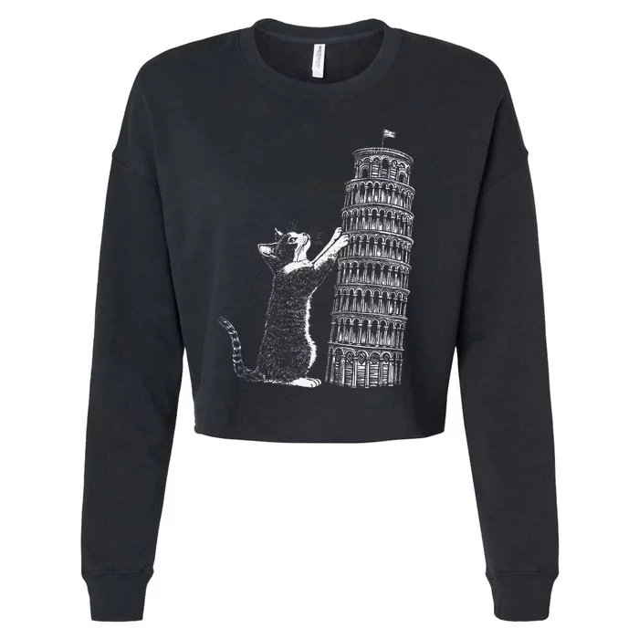 Cat Scratching The Leaning Tower Of Pisa – Italy Funny Cat Cropped Pullover Crew