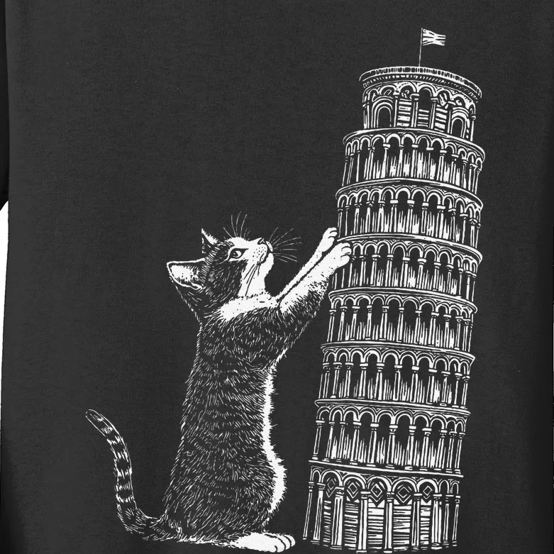 Cat Scratching The Leaning Tower Of Pisa – Italy Funny Cat Kids Long Sleeve Shirt