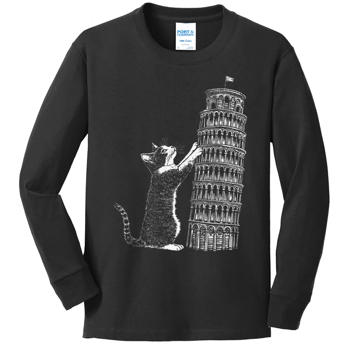 Cat Scratching The Leaning Tower Of Pisa – Italy Funny Cat Kids Long Sleeve Shirt