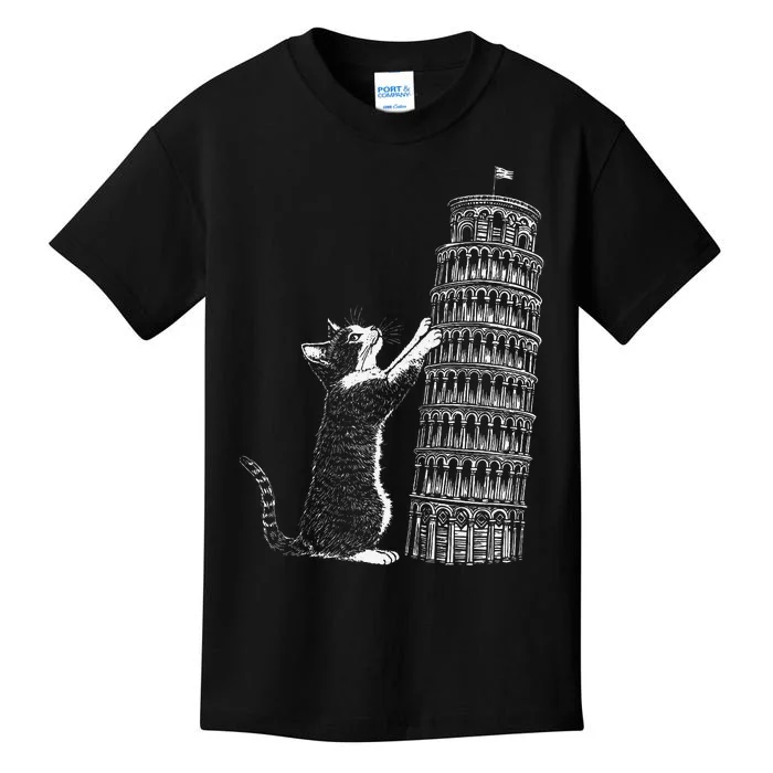 Cat Scratching The Leaning Tower Of Pisa – Italy Funny Cat Kids T-Shirt