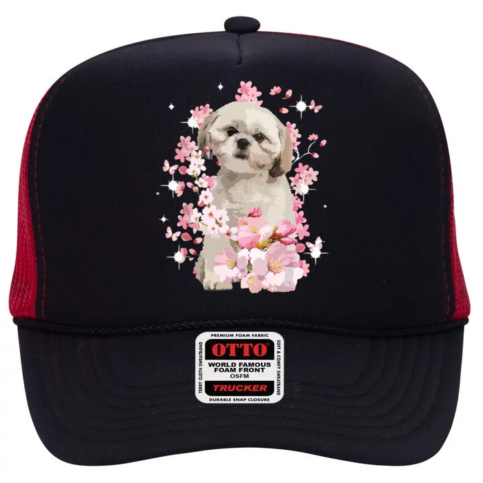 Cute Shih Tzu Mom Flower Happy Mothers Day Love Dog High Crown Mesh Trucker Hat