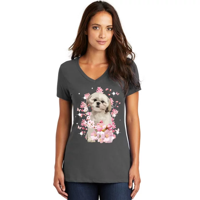 Cute Shih Tzu Mom Flower Happy Mothers Day Love Dog Women's V-Neck T-Shirt