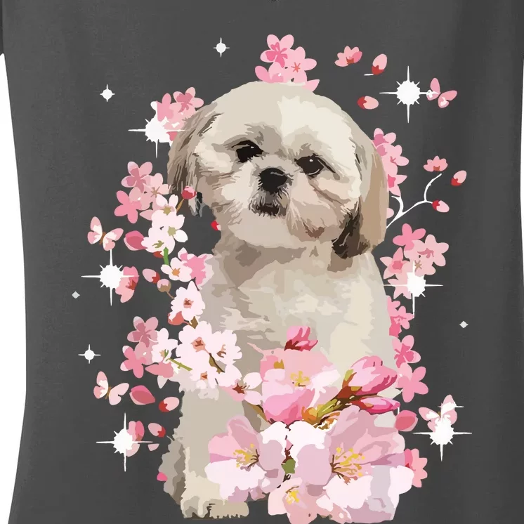 Cute Shih Tzu Mom Flower Happy Mothers Day Love Dog Women's V-Neck T-Shirt