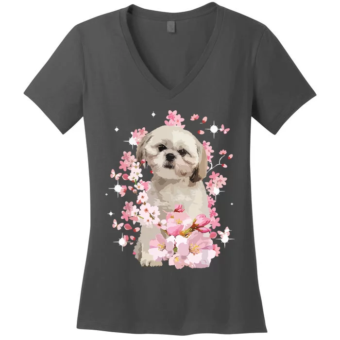 Cute Shih Tzu Mom Flower Happy Mothers Day Love Dog Women's V-Neck T-Shirt